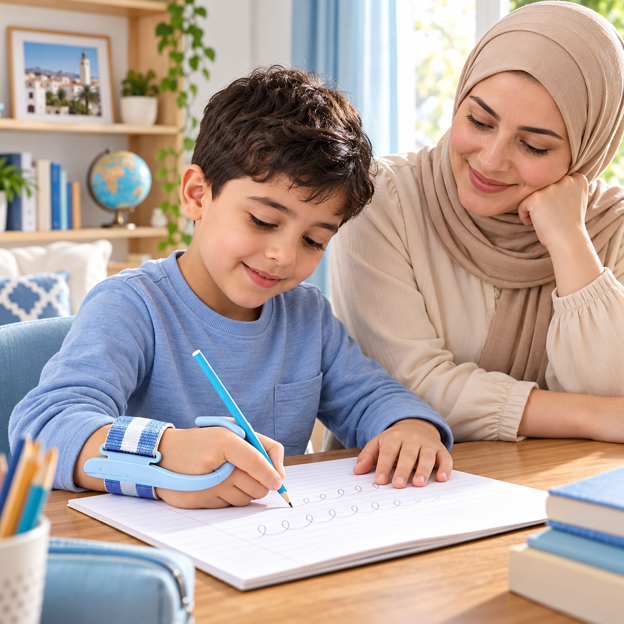 طفل يتدرب على الكتابة مع أمه